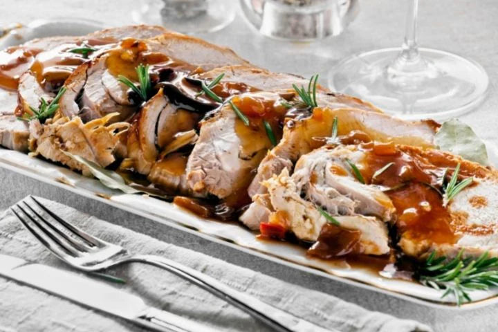 balsamic fig pork roast on platter