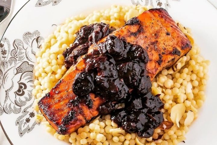 grilled salmon with spiced sour cherry sauce