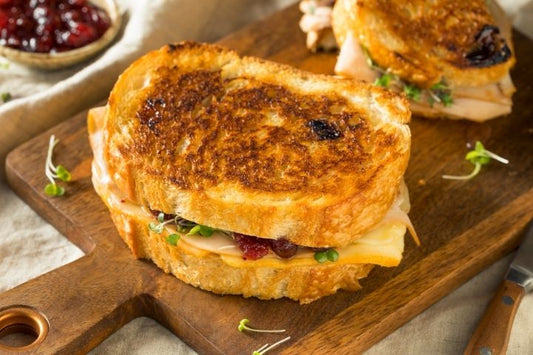 holiday leftovers panini with cranberry raspberry blood orange spread